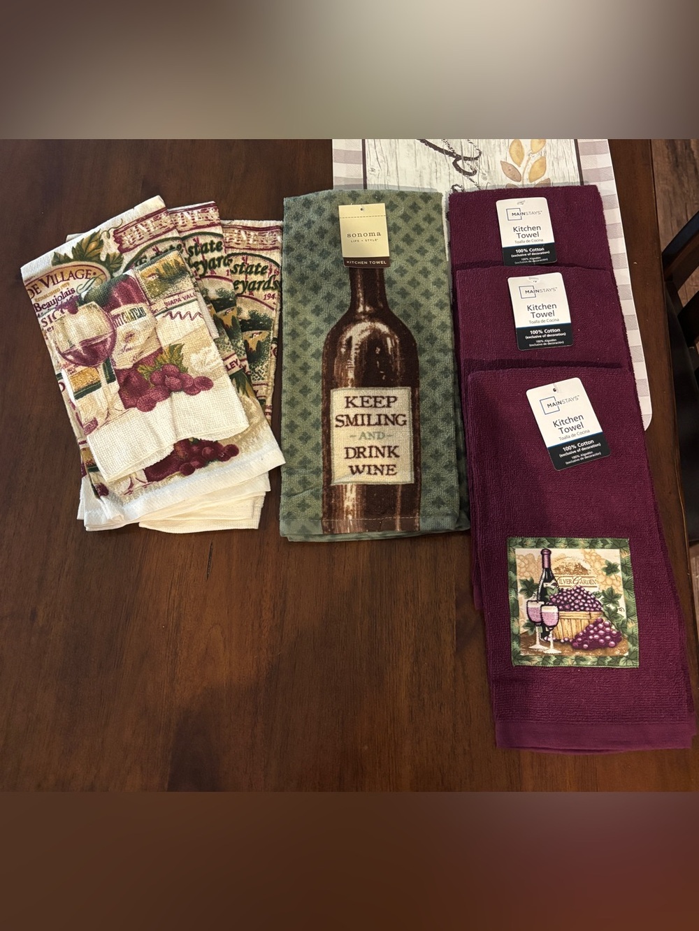 Wine Kitchen Towel Bundle 8 Pc Burgundy Grapes Vineyard Sonoma Mainstays NEW